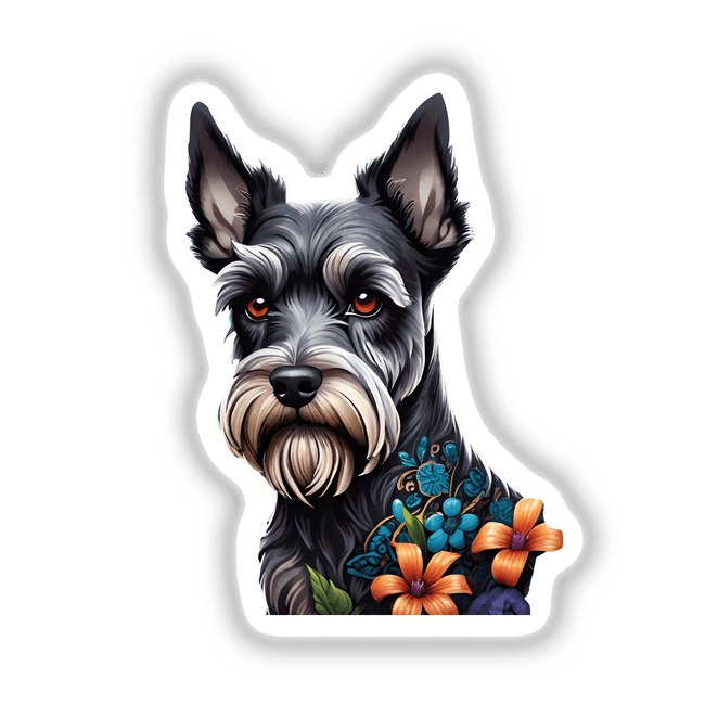 Detailed Schnauzer dog portrait with floral design, digital artwork