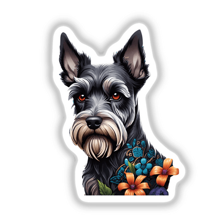 Detailed Schnauzer dog portrait with floral design, digital artwork