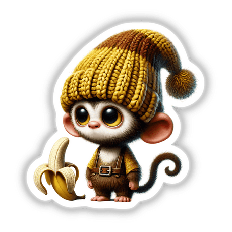 Monkey Gnome with Banana sticker or digital artwork featuring a cartoon monkey wearing a knitted hat and holding a banana.