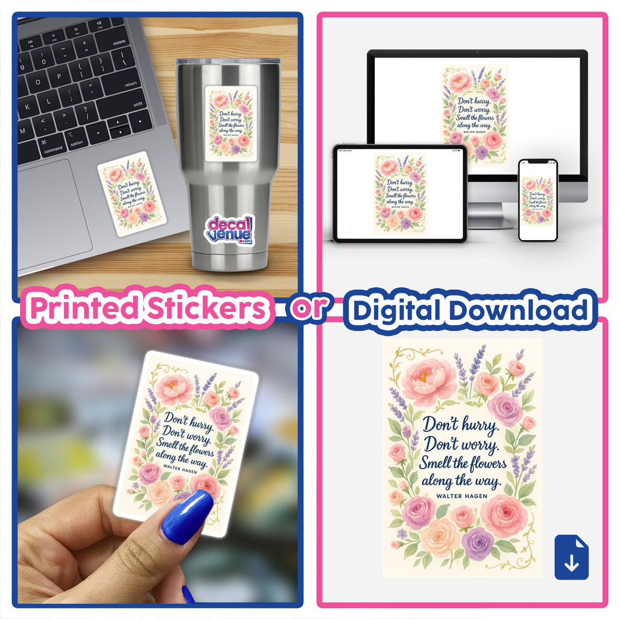 Smell the Flowers Quote Sticker or Clipart with Commercial Rights - Walter Hagen Floral Design featuring a floral motif, displayed on a laptop, showcasing its suitability as a sticker or digital artwork.