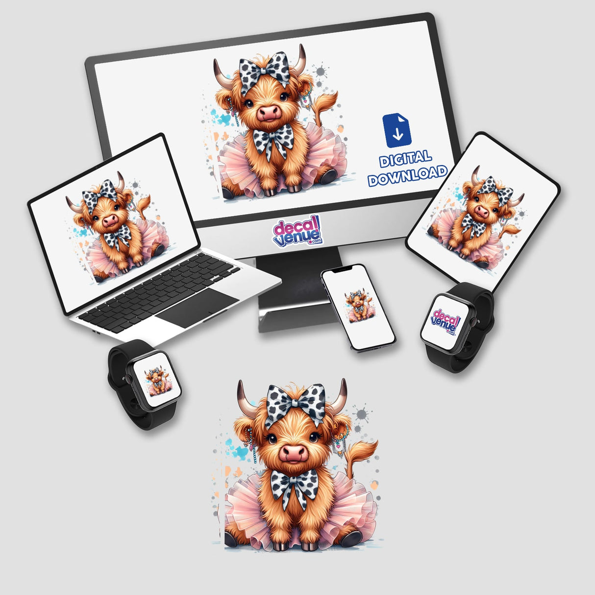 Cute highland cow wearing a tutu, surrounded by digital artwork displayed on various devices featuring the Decal Venue brand.