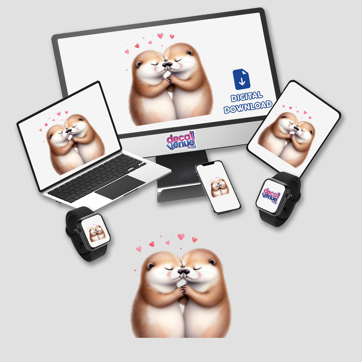 Sleeping Otters Holding Hands with Hearts design features two otters hugging, surrounded by heart motifs, available as stickers and digital artwork, capturing whimsy and affection for otter enthusiasts.