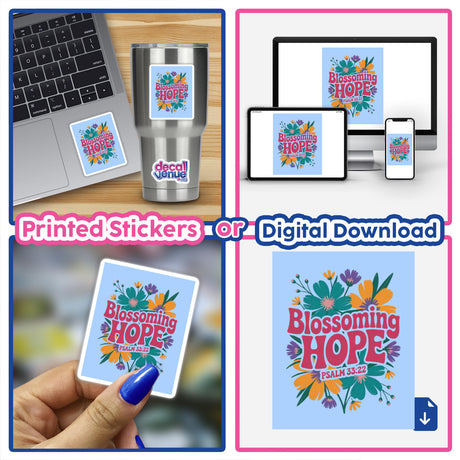 Blossoming Hope Psalm 33:22 Sticker or Clipart features vibrant floral designs on a blue backdrop, perfectly suited for unique vinyl sticker collections or digital art projects.