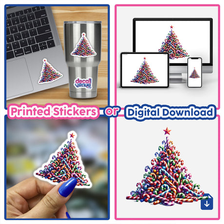 Colorful Candy Cane Christmas Tree: A vibrant sticker design featuring candy canes arranged as a Christmas tree, perfect for festive decoration. Available as stickers or digital artwork from Decal Venue.