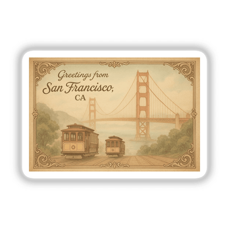 Greetings from San Francisco Postcard Sticker or Clipart features vintage bridge art, capturing iconic architectural elements. Available as stickers or digital artwork with commercial rights, ideal for collectors or creators.