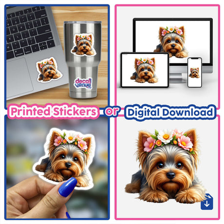 Whimsical Yorkshire Terrier with a Colorful Flower Crown sticker collage, featuring a dog with a floral crown, shown on a laptop and cup, embodying playful elegance.