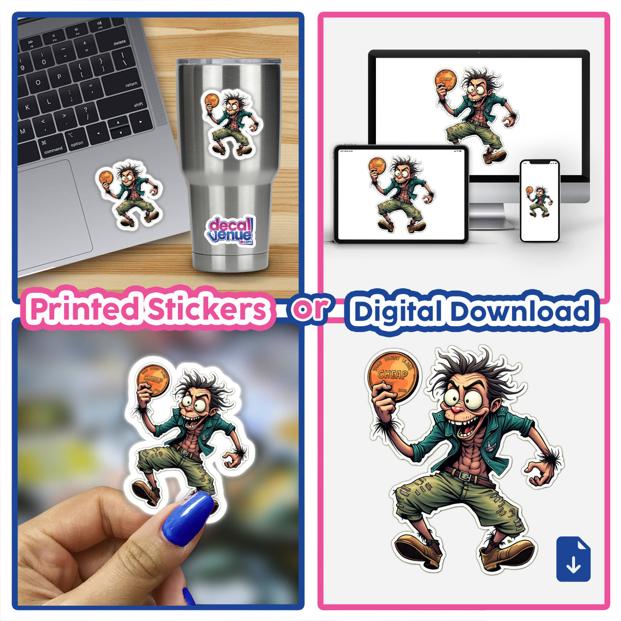 Collage of Achei uma Moeda cartoon character images, featuring the character holding a coin, displayed as stickers or digital artwork.
