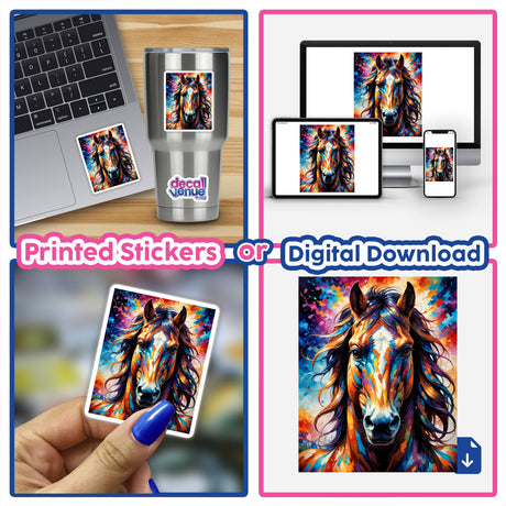 A collage featuring A Cute Horse - Animal Portrait as digital artwork. The image includes a laptop displaying the horse portrait, a phone, and accompanying sticker options.