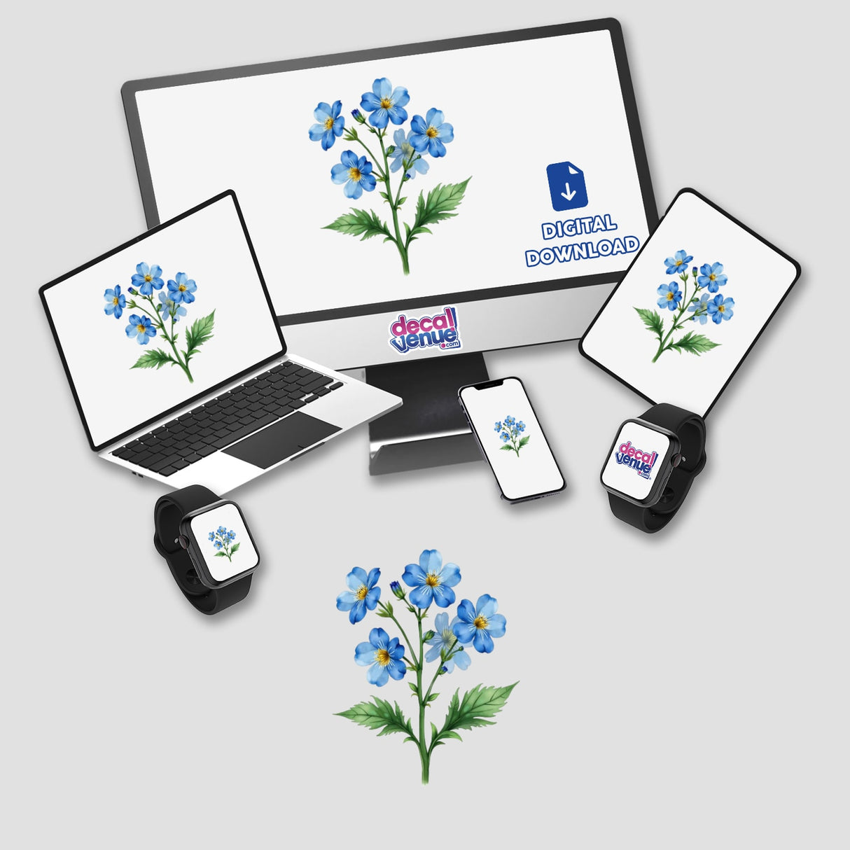 Computer and laptop displaying Alaska Forget-Me-Not Botanical Clipart, available as stickers or digital artwork for commercial use.