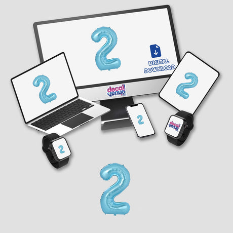 Large blue balloon number two digital artwork displayed on various electronic devices including laptop, smartphone, and smartwatch against a white background.