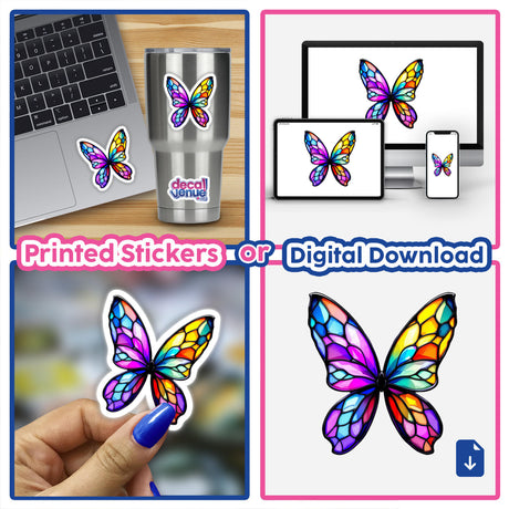 Fairy Wings Stained Glass Style stickers displayed on a laptop and stainless steel cup, highlighting intricate butterfly designs available as stickers or digital artwork.