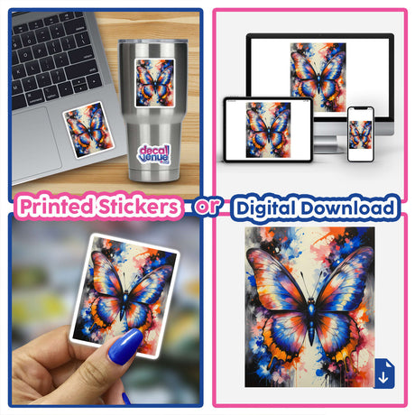 Collage showcasing A Pretty Colorful Butterfly as vinyl stickers or digital artwork, featuring butterflies on gadgets like laptops and phones, emphasizing its vibrant design and versatile use.