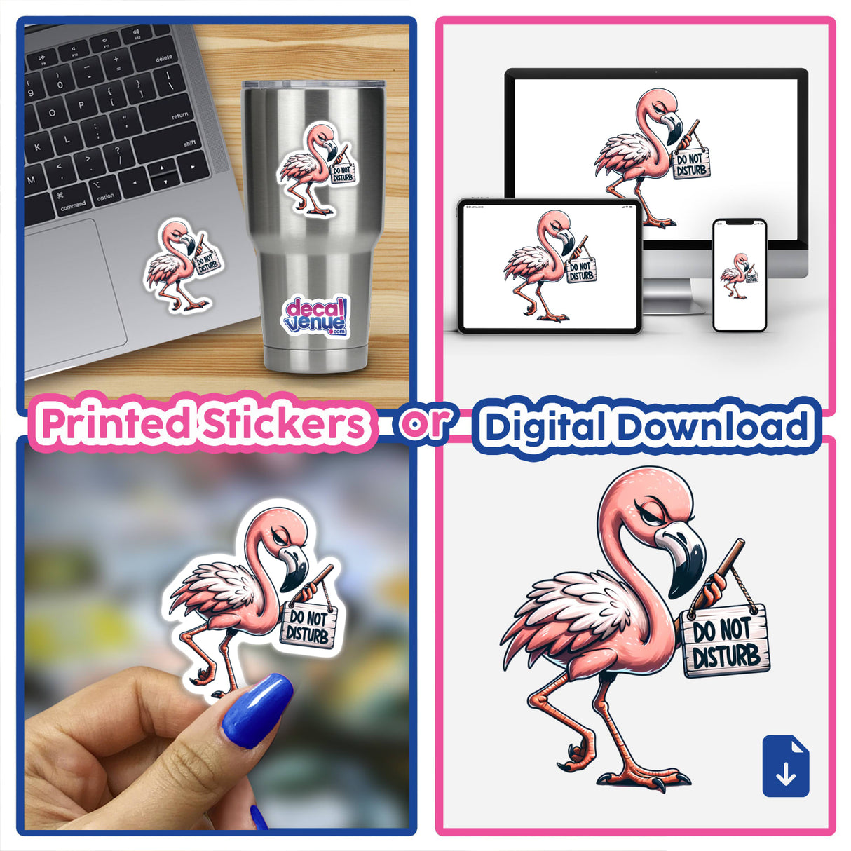 Grumpy Flamingo Holding Do Not Disturb Sign