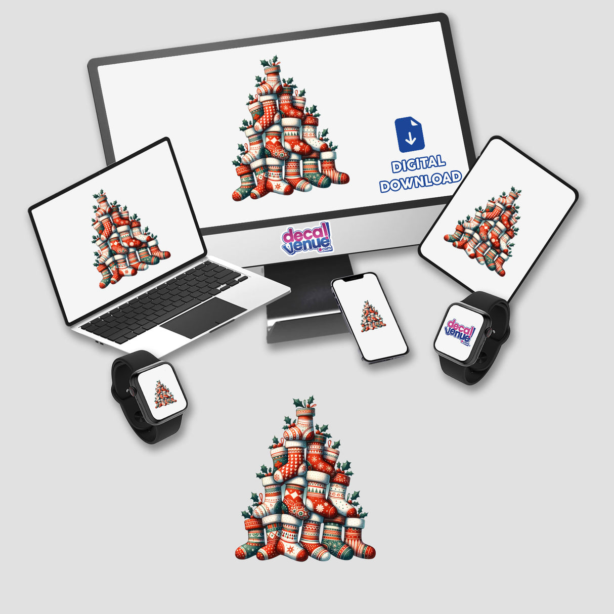 Stocking Christmas Tree displayed on a computer monitor and laptop, featuring festive digital artwork, available as stickers or digital art from Decal Venue.
