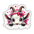 Peeking Goat Heart Splash II: Cartoon goat with pink bow, vibrant artwork by Ella Designz, perfect for stickers or digital art showcasing unique, playful design.