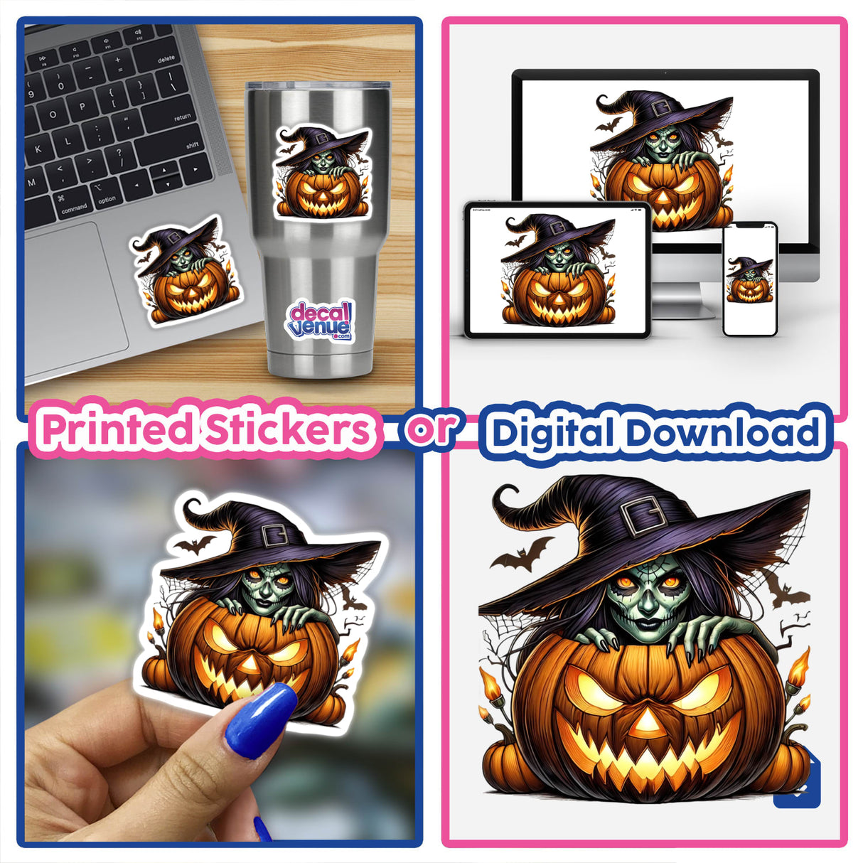 Whimsical Halloween pumpkin decal with witch hat and bats, perfect for decorating laptops, tumblers, and other surfaces. Vibrant digital artwork from DecalVenue showcases the festive jack-o'-lantern imagery.