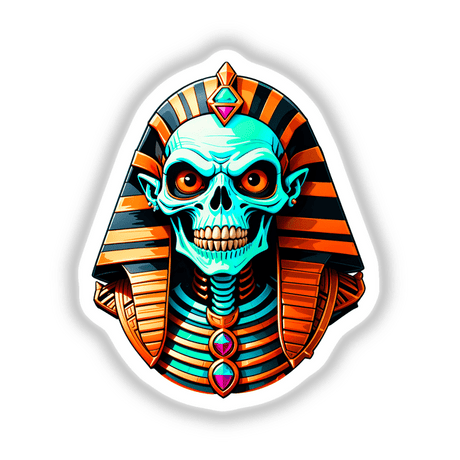 A Cool Egyptian Pharaoh Skull cartoon features a skeleton adorned with a gold and orange crown, Egyptian garment, and colorful gems, available as stickers or digital artwork.