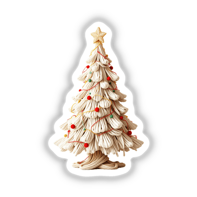 Yarn Christmas Tree with red and green decorations, available as unique stickers or digital artwork from Decal Venue. Perfect for holiday-themed projects or festive displays.