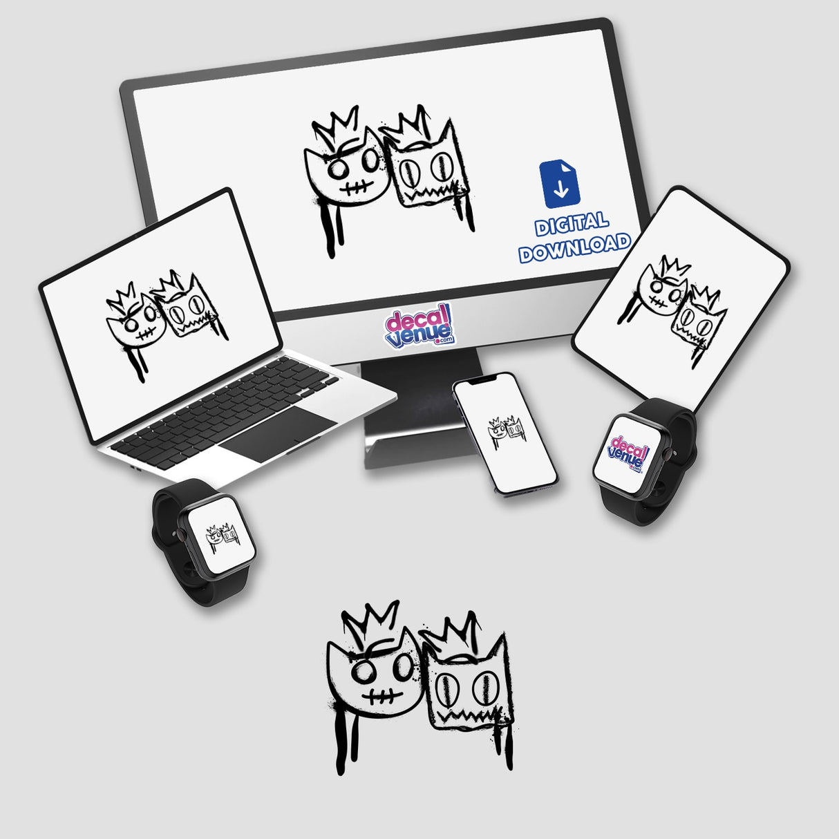 Royalcats Splat: A computer monitor and laptop display playful cartoon cat faces, perfect as stickers or digital artwork from Decal Venue.