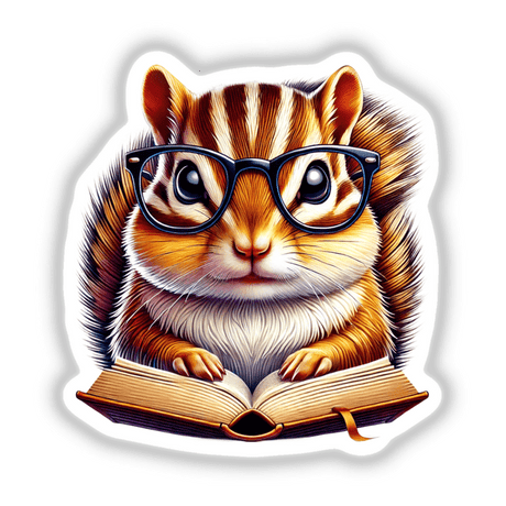 Chipmunk in Reading Glasses Open Book: A whimsical sticker or digital art piece featuring a squirrel wearing glasses, engrossed in a book, embodying Decal Venue’s unique artistic style.