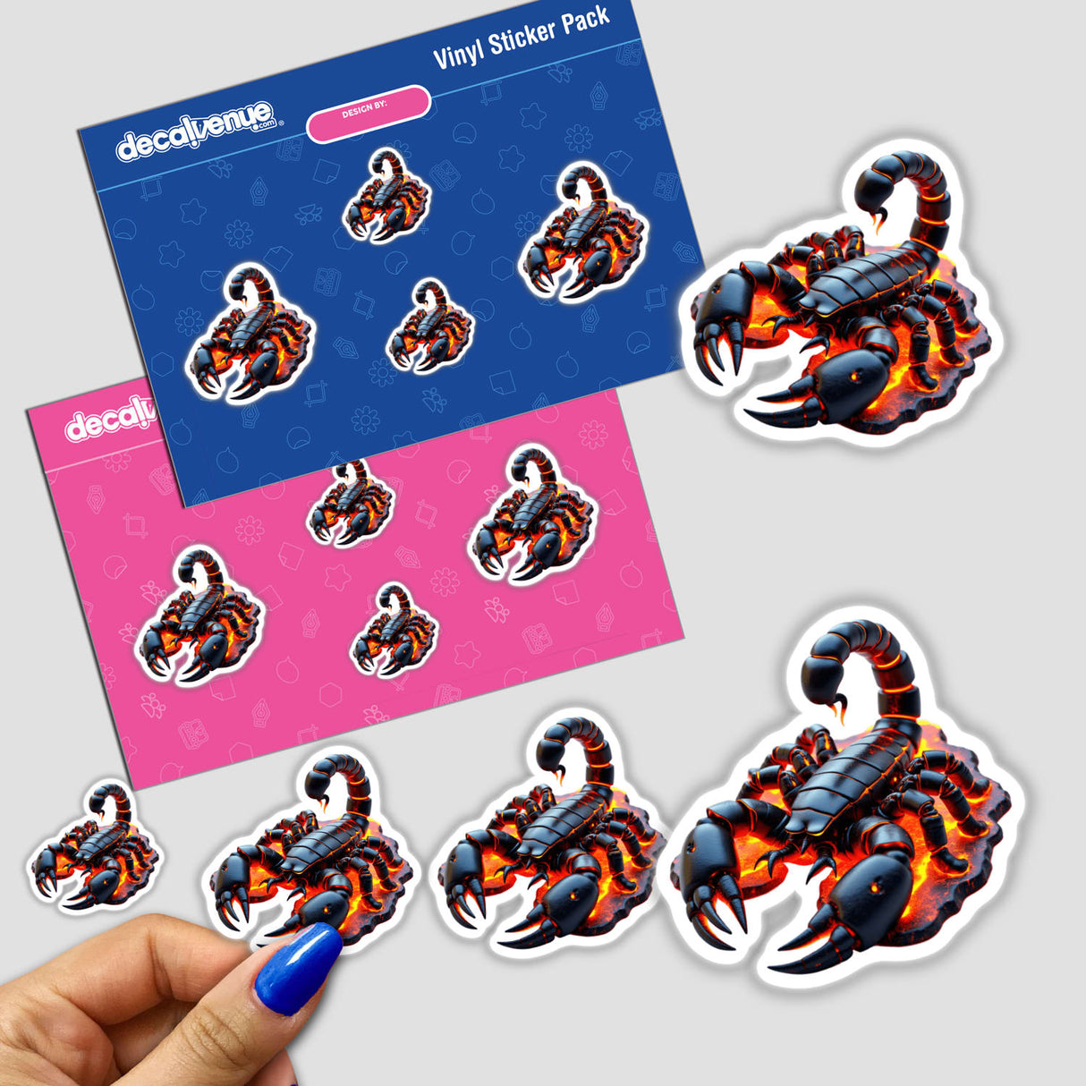 Molten Lava Scorpion sticker, featuring a detailed scorpion design with vibrant elements, held in a hand. Available as part of Decal Venue's unique sticker and digital art collection.
