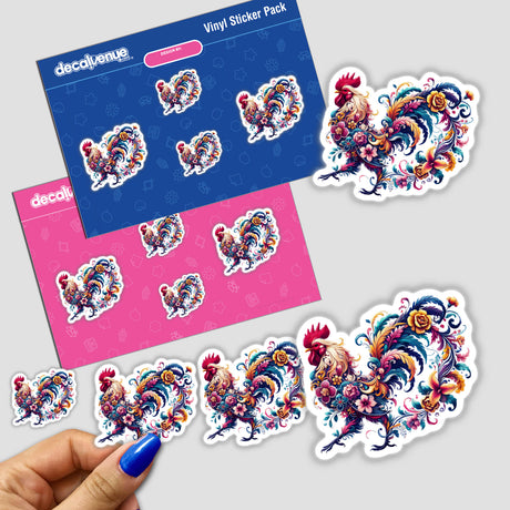 Floral Rooster sticker featuring a vibrant rooster surrounded by flowers, available as physical stickers or digital artwork.