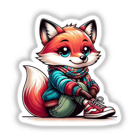 Fashionable Fox: A cartoon fox sitting, available as stickers or digital artwork from Decal Venue.