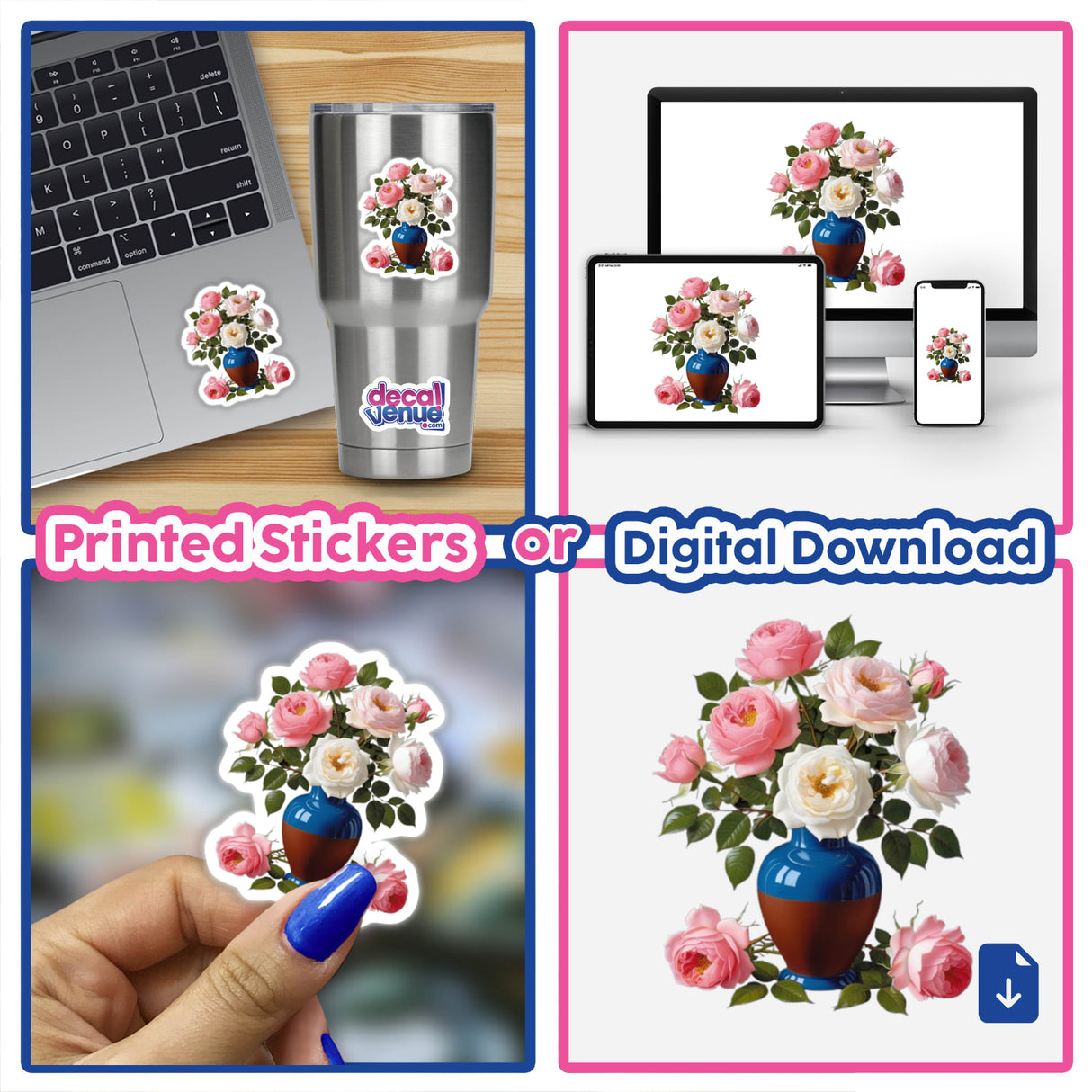 Beautiful Flower Bouquet Clipart - Pink and White Roses in Vase - Stickers or Download with Commercial Rights, featuring a laptop with a sticker and a vase of flowers.