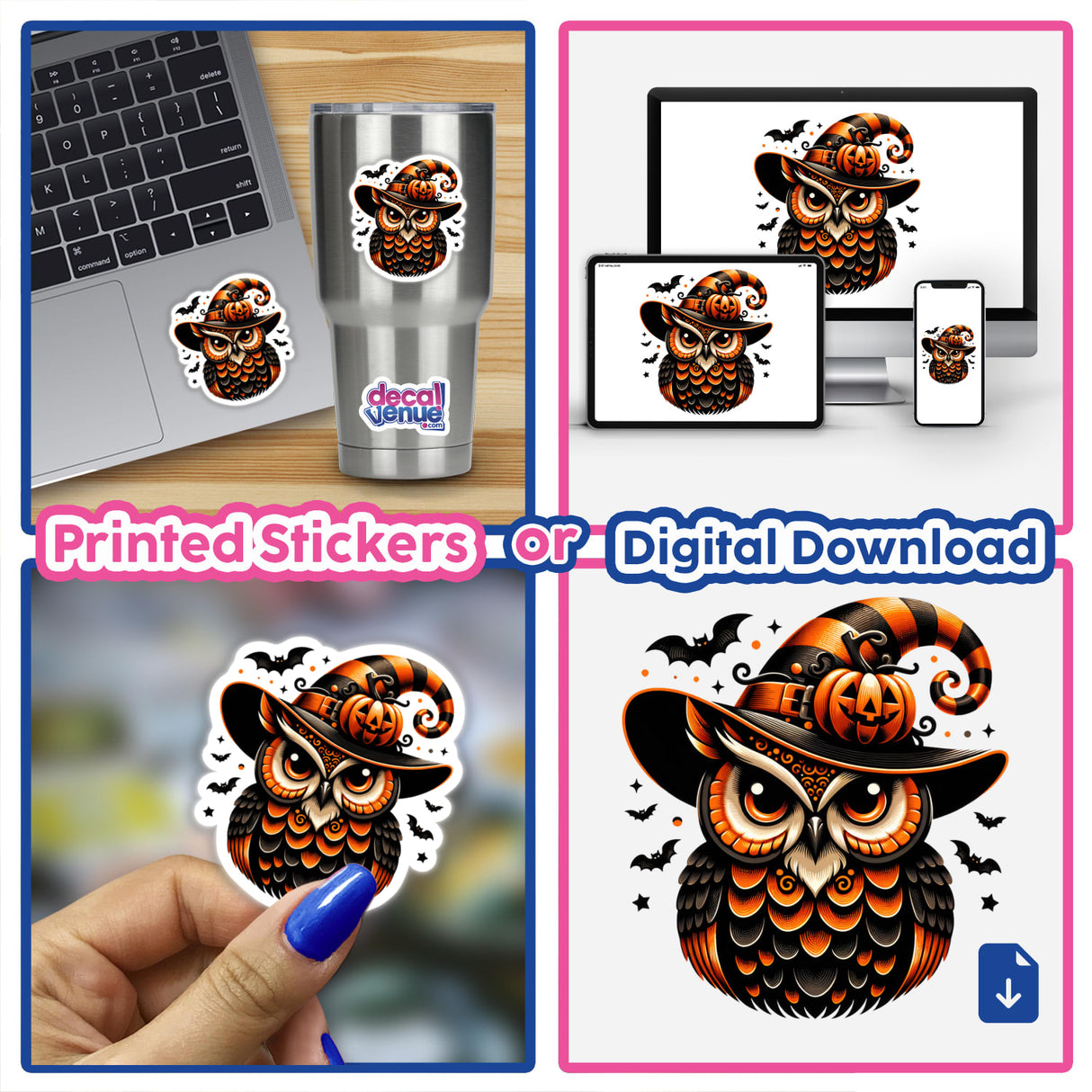 A colorful owl illustration in a witch's hat, featured on various digital and printed products from the Decal Venue store, including a laptop, a tumbler, and a mobile device.