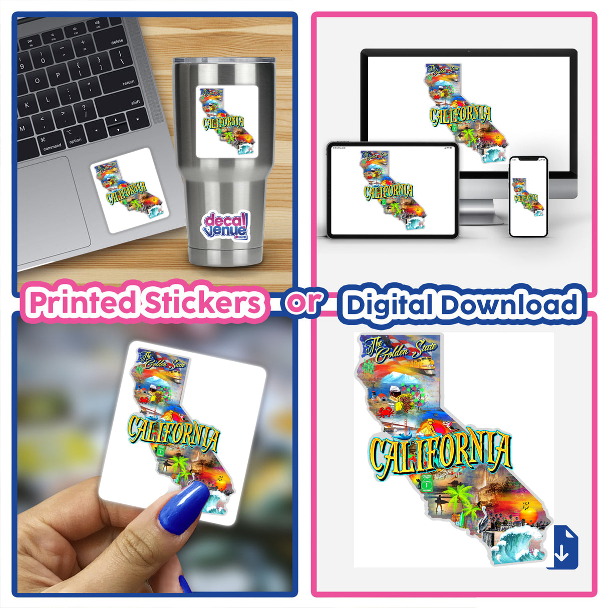 Colorful digital artwork showcasing the diversity of California, available as printed stickers or digital downloads on various devices, presented by the Decal Venue online store featuring unique designs by talented artists.