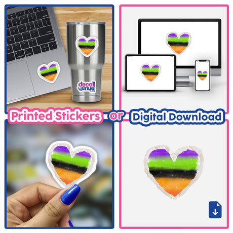 Striped Love heart stickers and digital artwork displayed on a laptop keyboard, a stainless steel cup, and as a paper cutout, showcasing Decal Venue's unique sticker collection.
