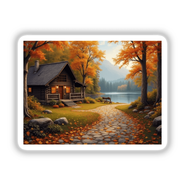 Cozy Autumn Pathway Lakeside Cabin- iPad Pro 12.9 Wallpaper & Stickers | Download with Full Rights. Features a log cabin by a lake, stone path, and autumn trees.