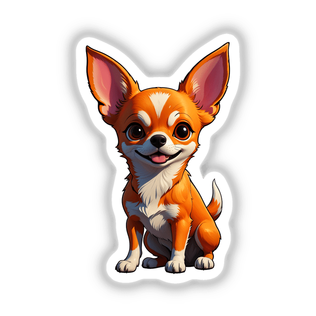 A Cute Chihuahua cartoon with big ears and expressive eyes, available as stickers or digital artwork from Decal Venue, capturing the playful and endearing essence of this beloved breed.