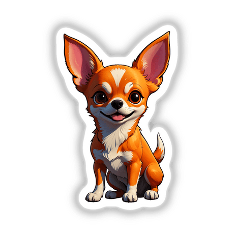A Cute Chihuahua cartoon with big ears and expressive eyes, available as stickers or digital artwork from Decal Venue, capturing the playful and endearing essence of this beloved breed.