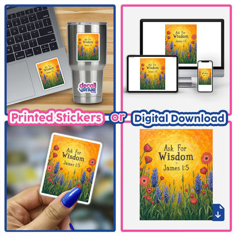 Fauvist Spring Anemone “Ask For Wisdom” James 1:5 Sticker or Clipart featuring a collage of a laptop, phone, and sticker with digital artwork of flowers and text.