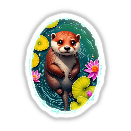 Cute Otter In The Water depicted as a whimsical cartoon with an otter swimming playfully in a pond, available as stickers or digital artwork from Decal Venue.