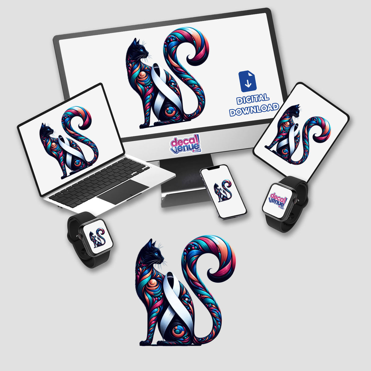 Cat White Ribbon Bone Cancer Awareness design featuring a cat adorned with a white ribbon, available as stickers or digital artwork.