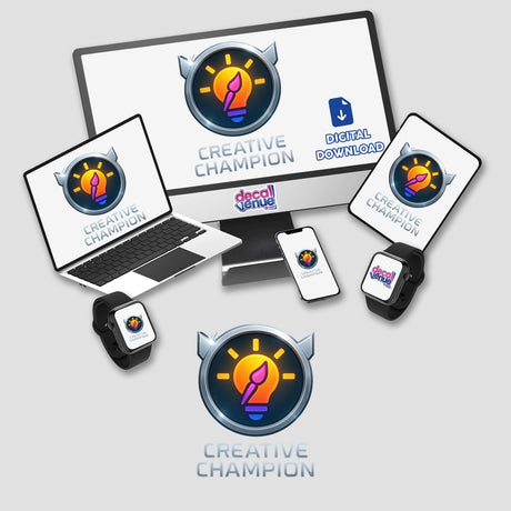Creative Champion – RPG-Style Skill Badge features a silver innovation icon, available as stickers or digital artwork, showcasing intricate design representative of unique vinyl stickers and digital art from Decal Venue.