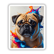 Cute pug portrait with colorful paint splashes, highlighting the dog's expressive nose and eye. Available as stickers or digital artwork from Decal Venue.