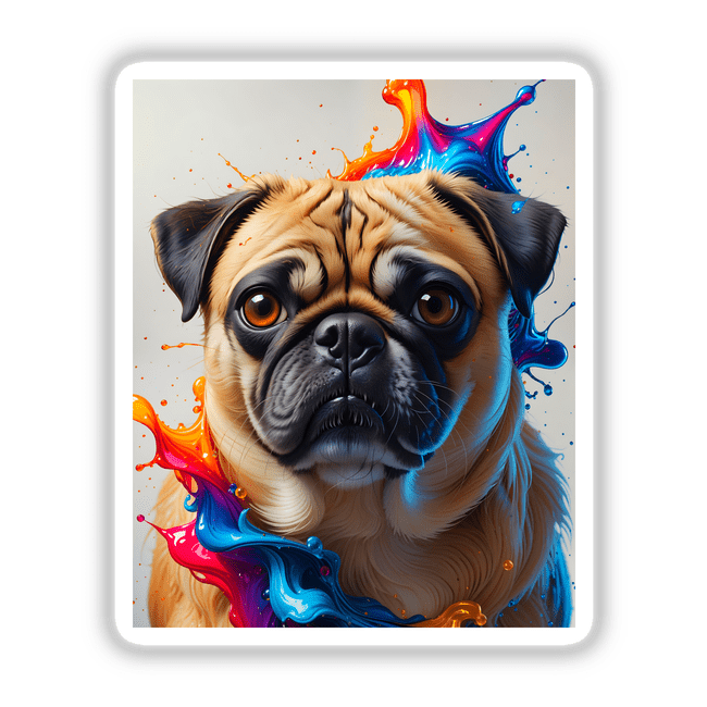 Cute pug portrait with colorful paint splashes, highlighting the dog's expressive nose and eye. Available as stickers or digital artwork from Decal Venue.