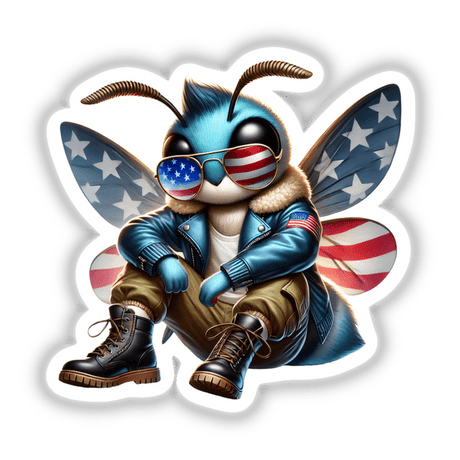 Cartoon bee wearing aviator sunglasses and jacket, labeled 'Patriotic Leather Moth Aviator Sunglasses.' Available as stickers or digital artwork.