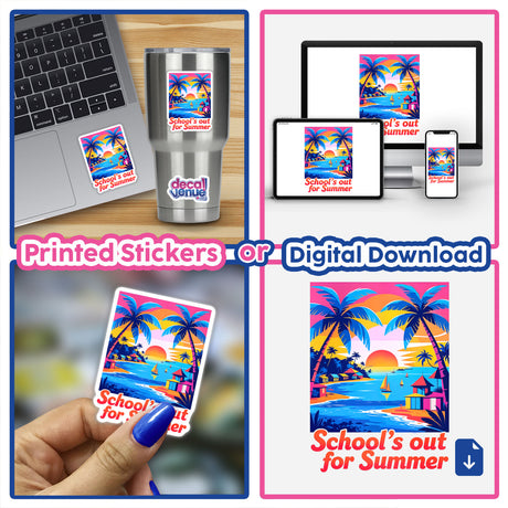 School's Out For Summer Quote sticker displayed on a laptop, featuring palm trees and a sunset design. Hand shown applying the sticker, emphasizing its vibrant, summery theme and unique vinyl texture.