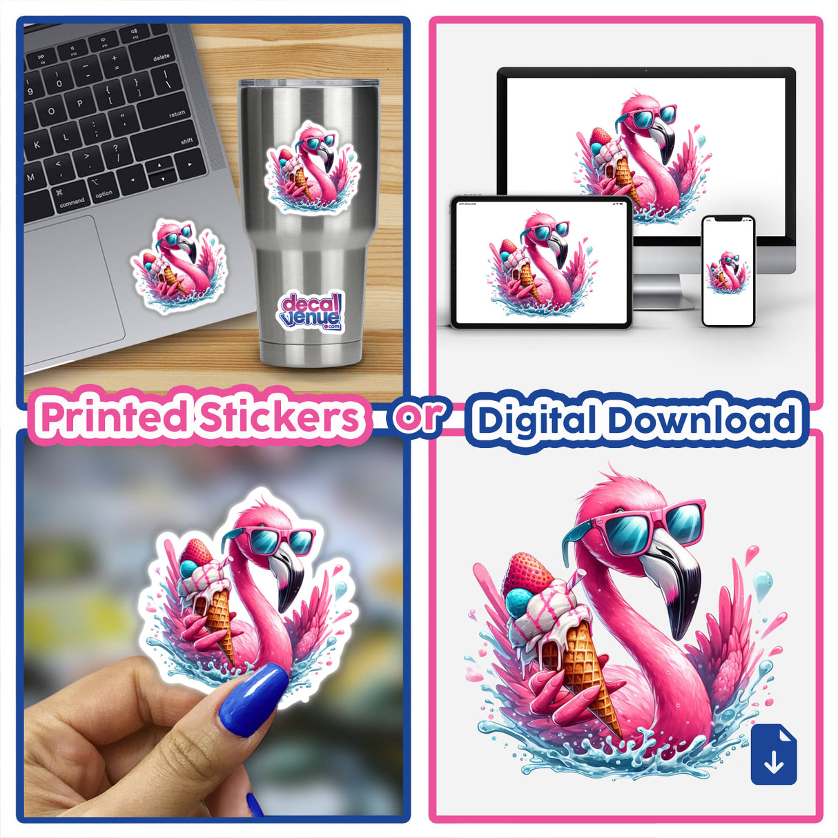 Flamingo Ice Cream Cone Splash sticker features a cartoon flamingo with sunglasses holding an ice cream cone, perfect for decorating laptops, cups, or devices with quirky charm.