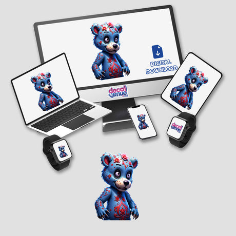 A Macabre Scary Bear displayed on a computer monitor and laptop screen, available as unique stickers or digital artwork from Decal Venue.