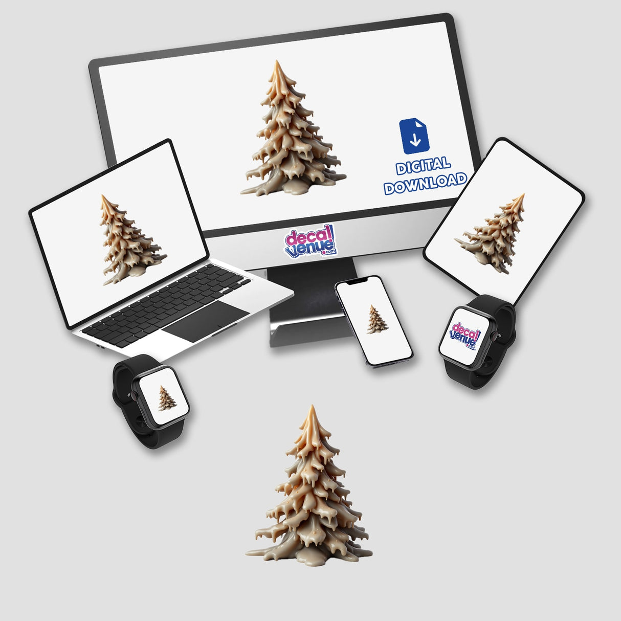 Christmas Tree Dripping Candle Wax depicted as both stickers and digital artwork on a computer monitor, surrounded by modern gadgets, reflecting Decal Venue's unique art collection.