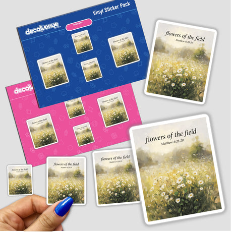 Hand holding Flowers of the Field Sticker or Clipart featuring floral artwork inspired by Matthew 6:28-29, available with commercial rights.