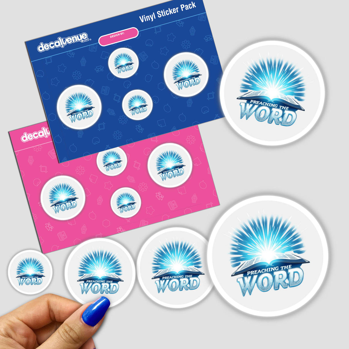 Preaching the Word Pastor Appreciation Sticker features a hand holding a decal with a book and light burst logo, available as a physical sticker or digital Christian clipart.