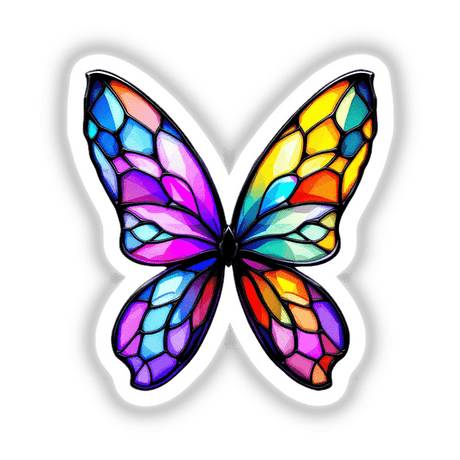 Fairy Wings Stained Glass Style depicting a vibrant butterfly design, available as unique stickers or digital artwork from Decal Venue, showcasing intricate stained glass-inspired details.