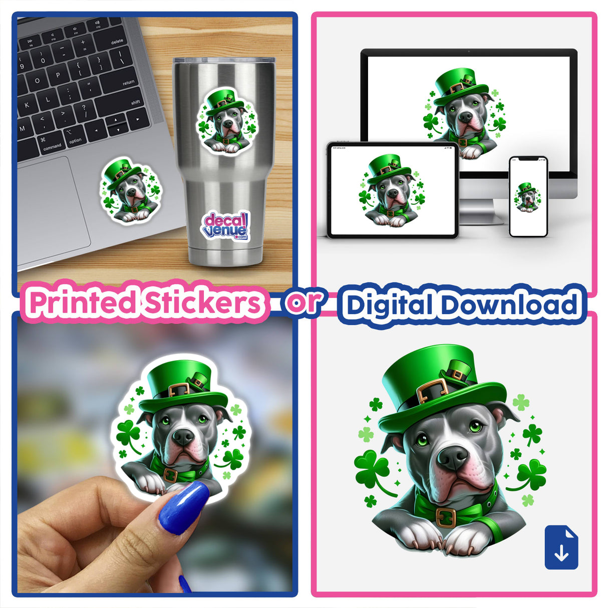 Sitting Pretty Irish Clovers Pitbull Leprechaun design featuring a pitbull wearing a green hat, seen on various items like stickers and digital artwork, highlighting Decal Venue's unique vinyl sticker collection.