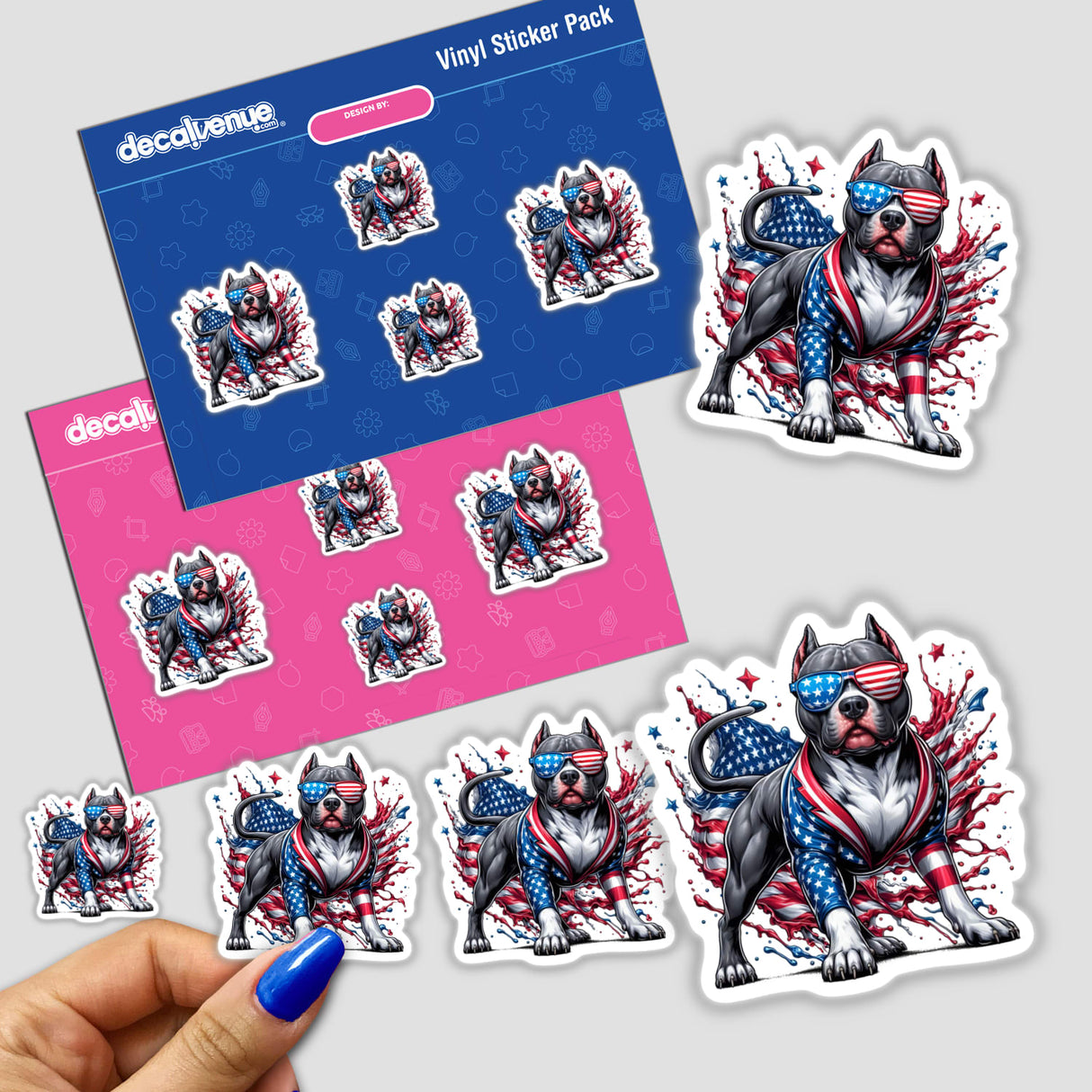 American Flag Splash Pitbull Dog depicted as a vibrant sticker or digital artwork, showcasing a dynamic pitbull design, perfectly embodying Decal Venue's unique vinyl sticker and digital art offerings.